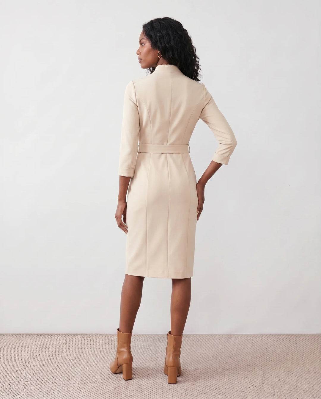 Victoire | Belted V-Neck Pencil Knee Dress