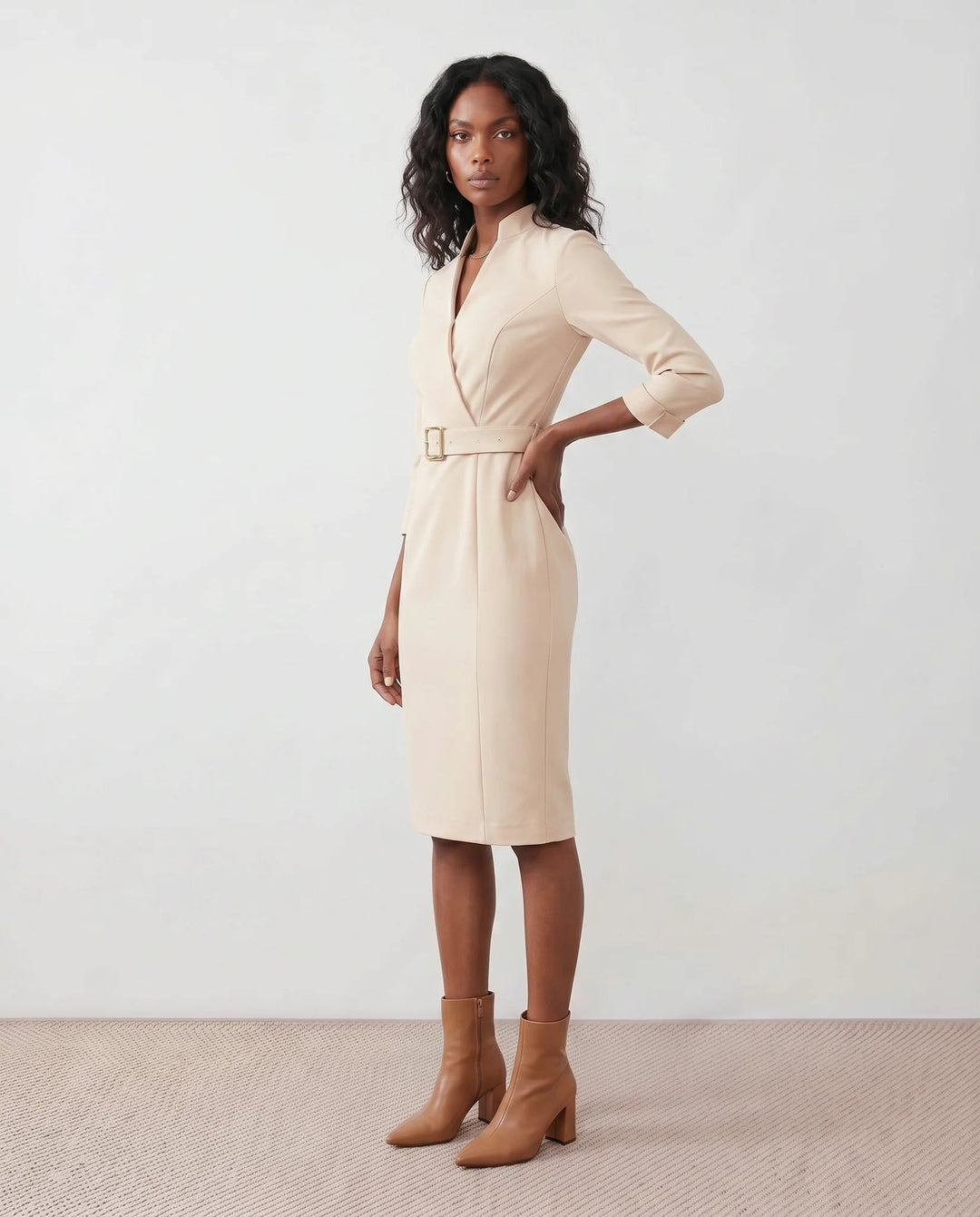 Victoire | Belted V-Neck Pencil Knee Dress