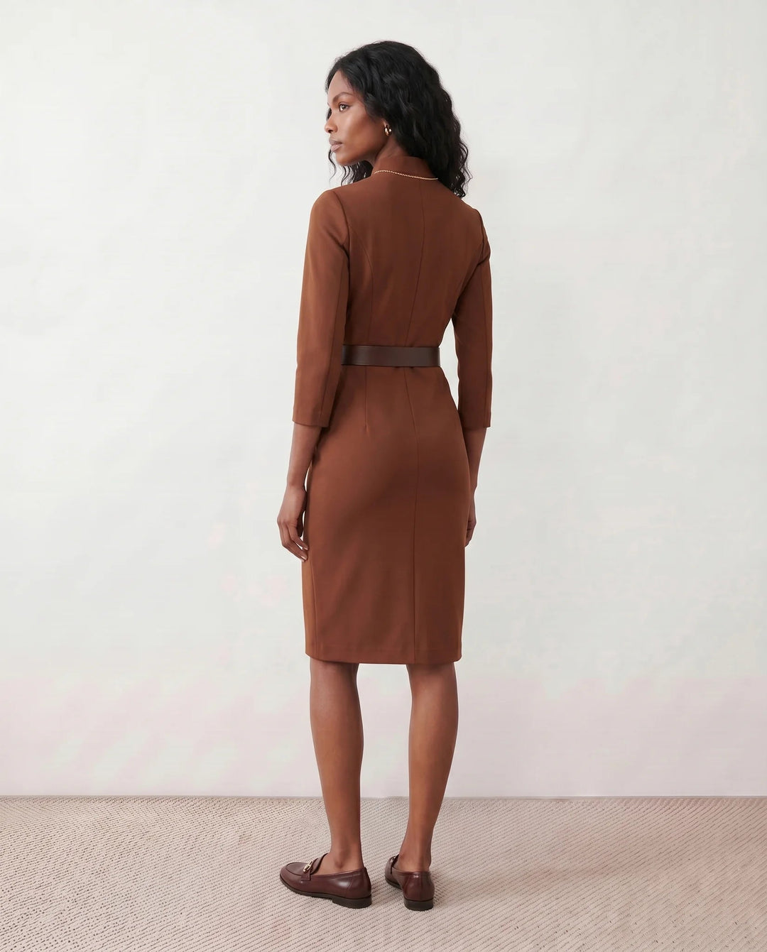 Victoire | Belted V-Neck Pencil Knee Dress