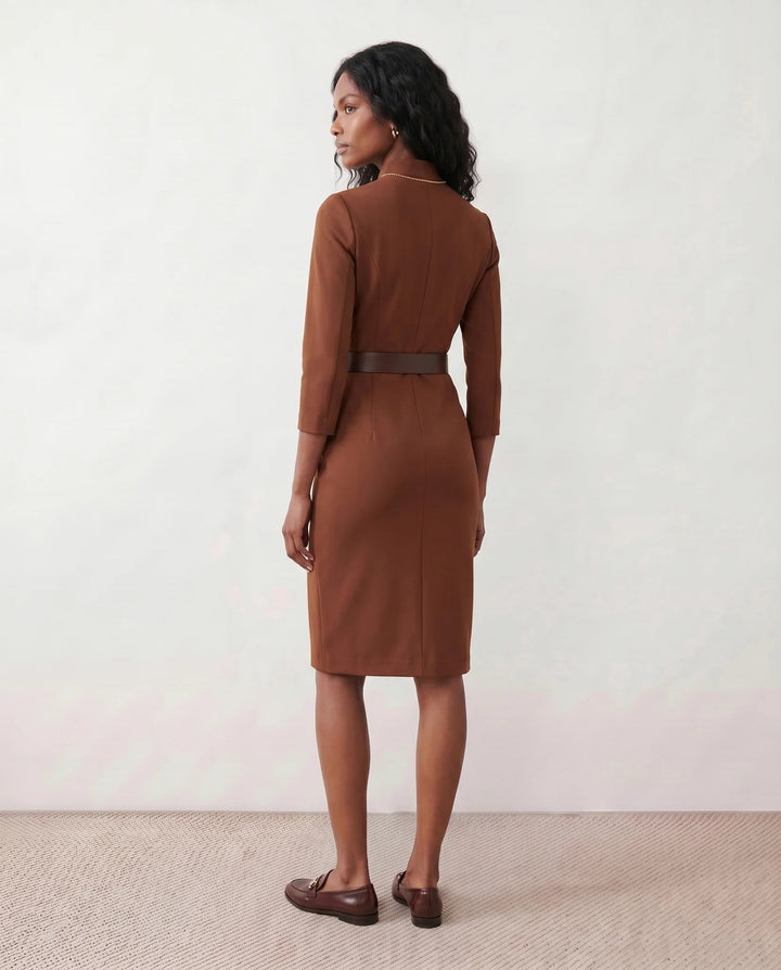 Victoire | Belted V-Neck Pencil Knee Dress