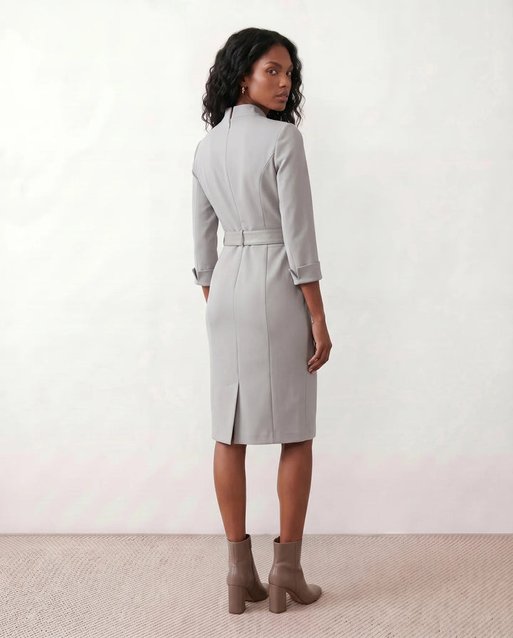 Victoire | Belted V-Neck Pencil Knee Dress