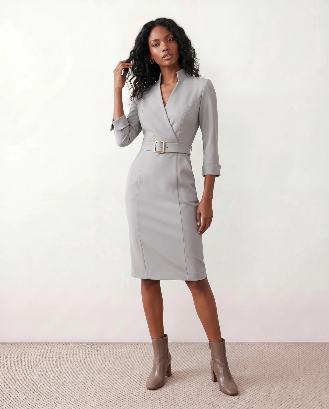 Victoire | Belted V-Neck Pencil Knee Dress