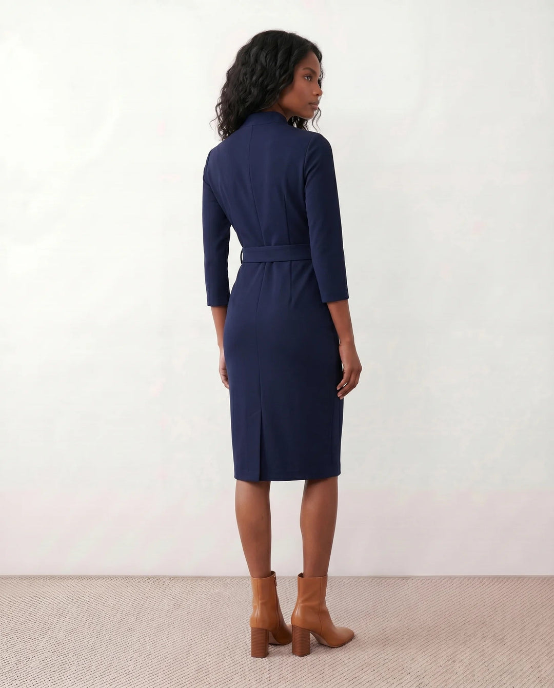 Victoire | Belted V-Neck Pencil Knee Dress