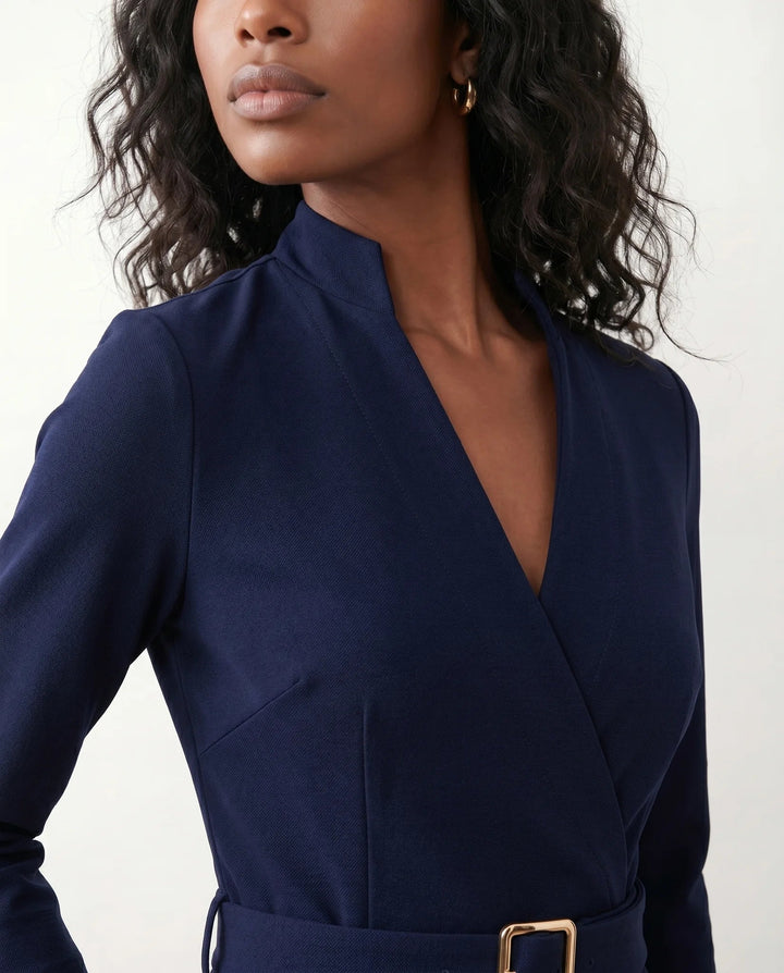 Victoire | Belted V-Neck Pencil Knee Dress
