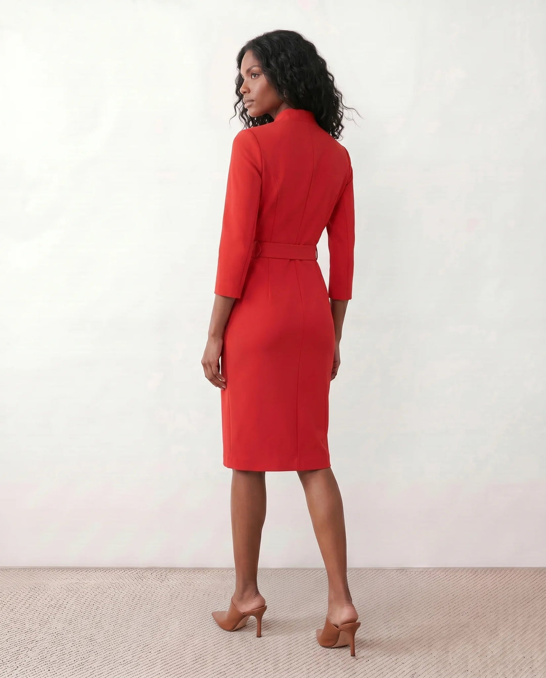 Victoire | Belted V-Neck Pencil Knee Dress