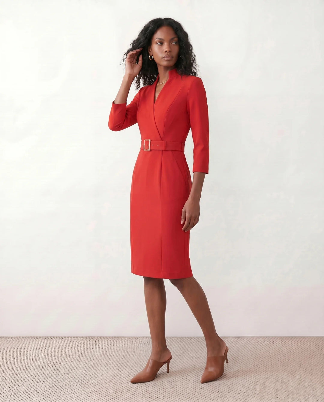Victoire | Belted V-Neck Pencil Knee Dress