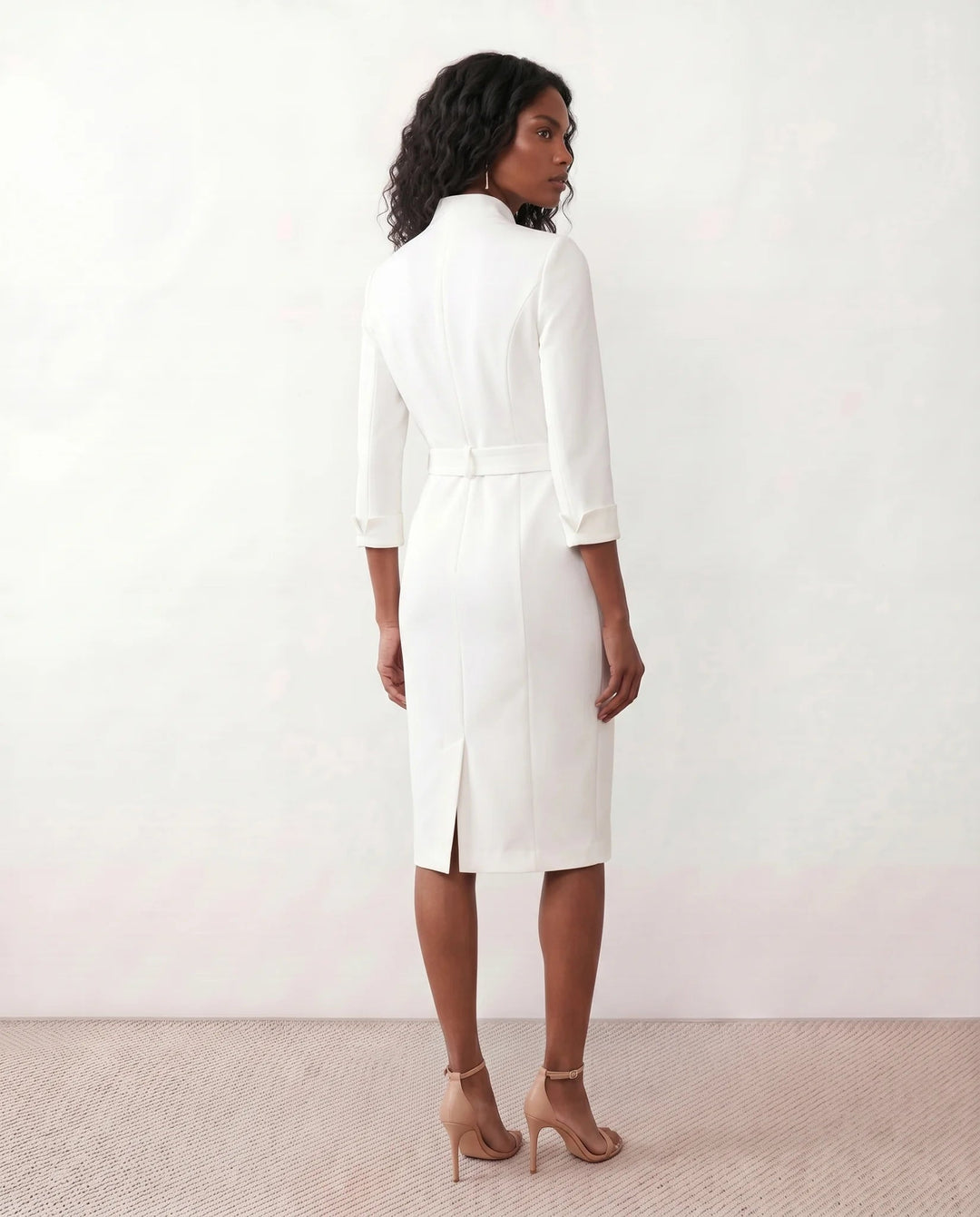 Victoire | Belted V-Neck Pencil Knee Dress