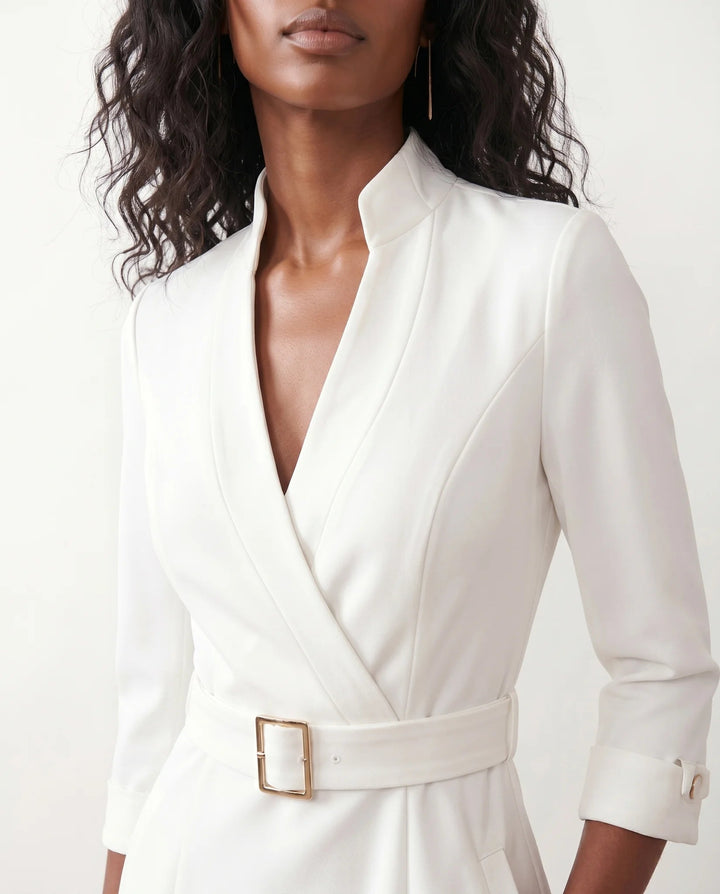Victoire | Belted V-Neck Pencil Knee Dress