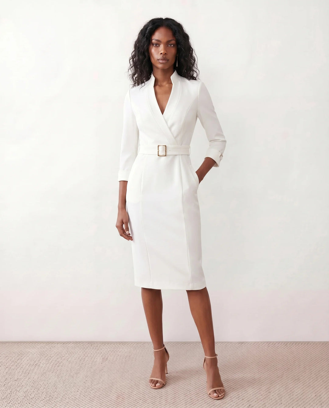 Victoire | Belted V-Neck Pencil Knee Dress