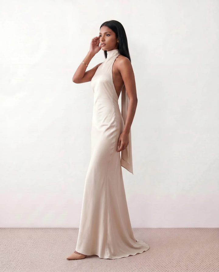 Saoirse | Satin Halter Open-Back Maxi Dress