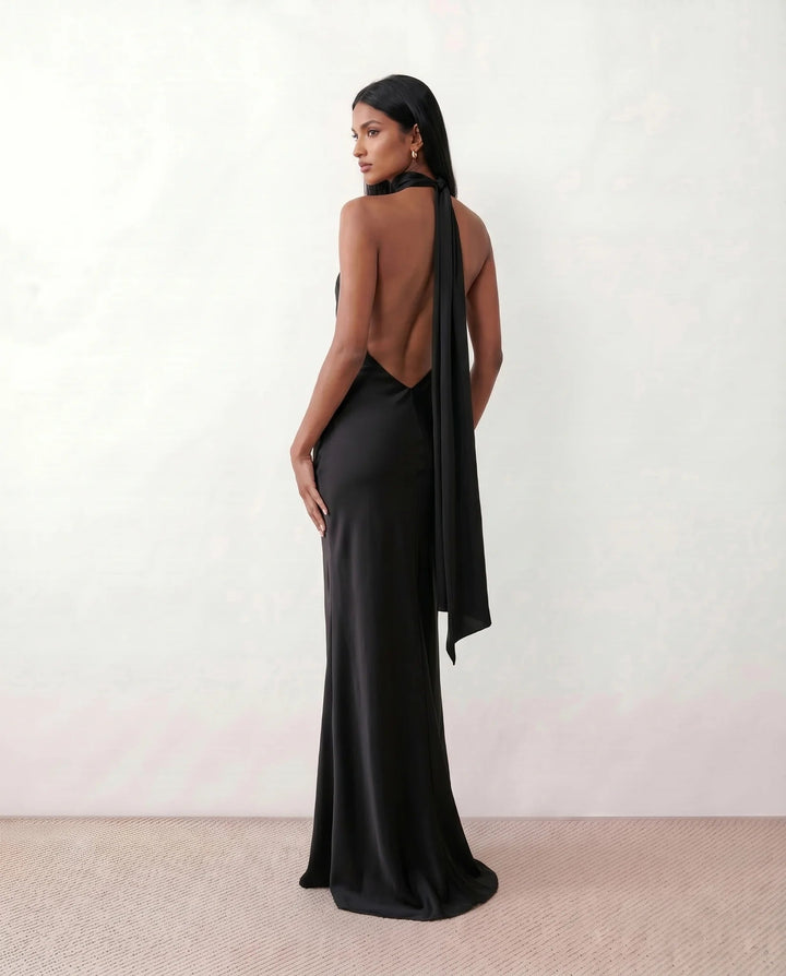 Saoirse | Satin Halter Open-Back Maxi Dress