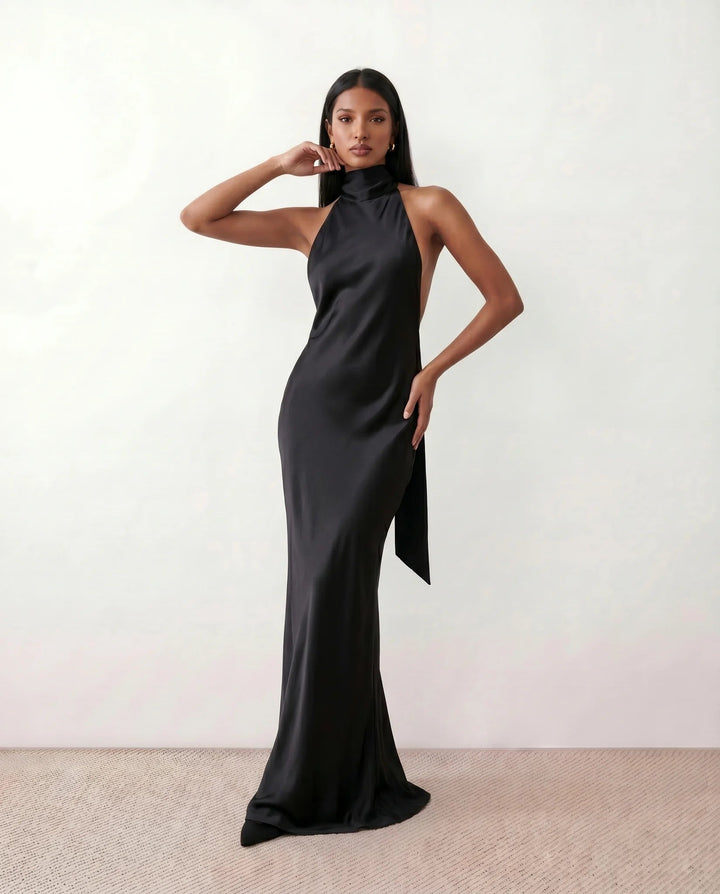 Saoirse | Satin Halter Open-Back Maxi Dress