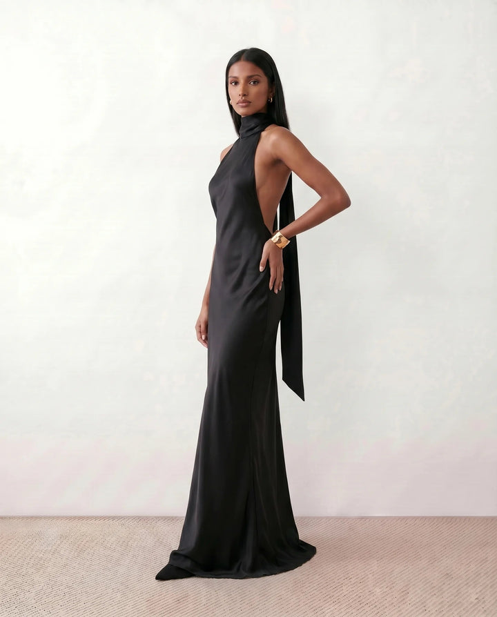 Saoirse | Satin Halter Open-Back Maxi Dress