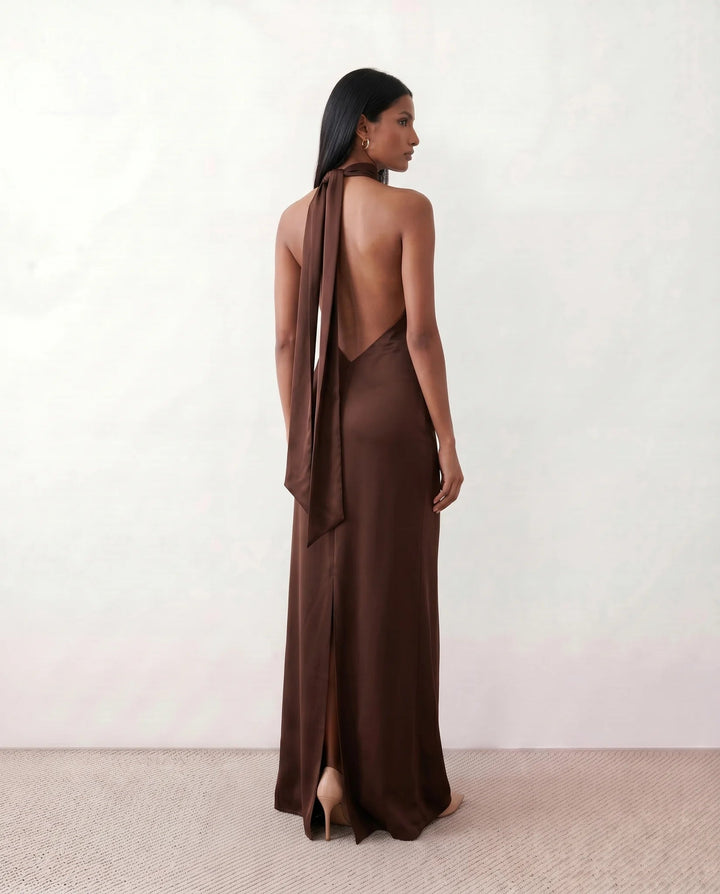 Saoirse | Satin Halter Open-Back Maxi Dress