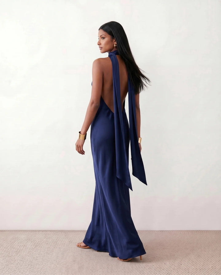 Saoirse | Satin Halter Open-Back Maxi Dress