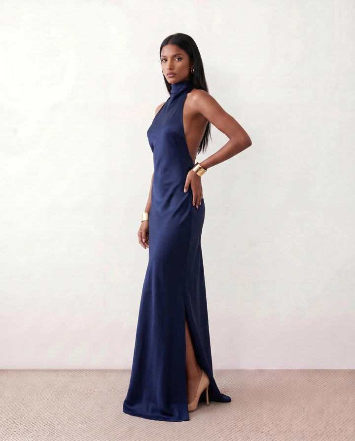 Saoirse | Satin Halter Open-Back Maxi Dress