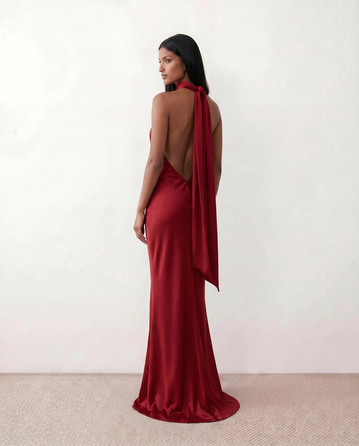 Saoirse | Satin Halter Open-Back Maxi Dress