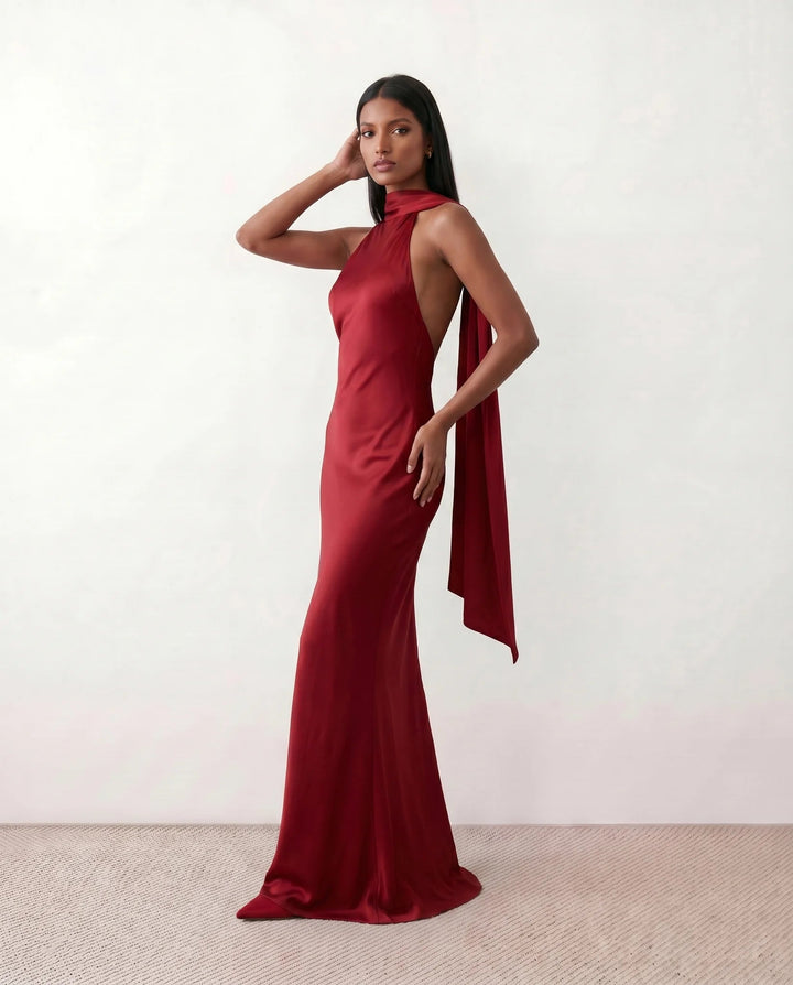 Saoirse | Satin Halter Open-Back Maxi Dress