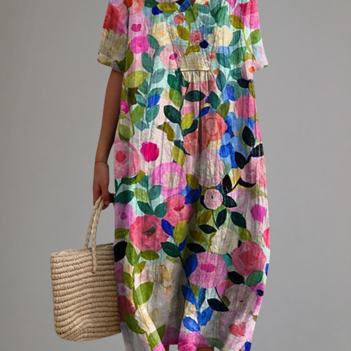 Margaret - Vibrant Floral Garden Print Flowy Dress