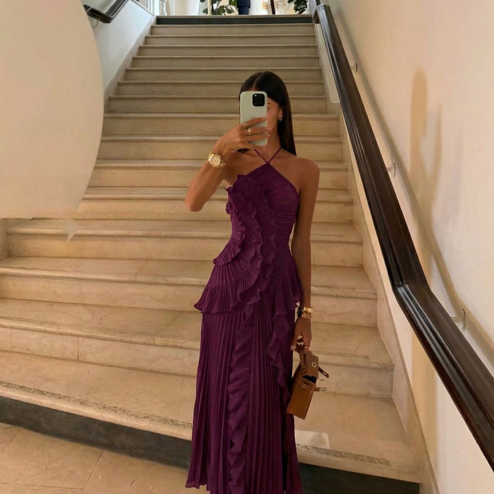 Lucienne | Halter Neck Ruffle Asymmetric Maxi Dress