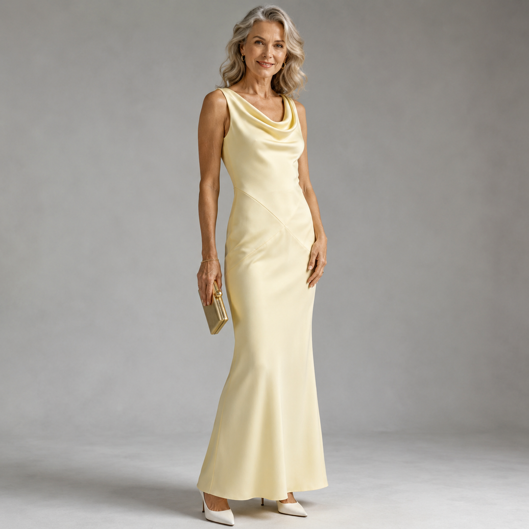 Lucienne | Cowl Neck Backless Satin Evening Gown