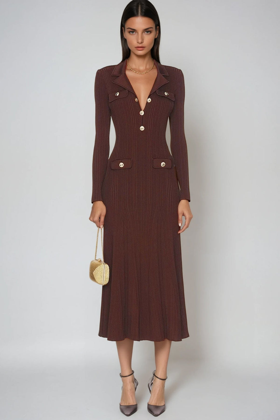 Rosalie | V-Neck Button Knit Midi Dress