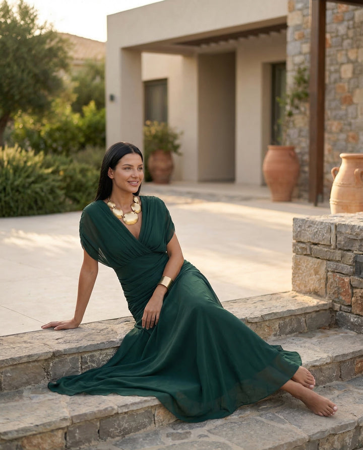 Viviane | Ruched V-Neck Chiffon Maxi Dress