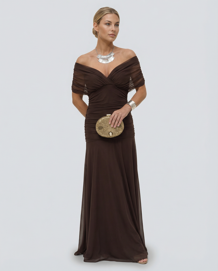 Viviane | Ruched V-Neck Chiffon Maxi Dress