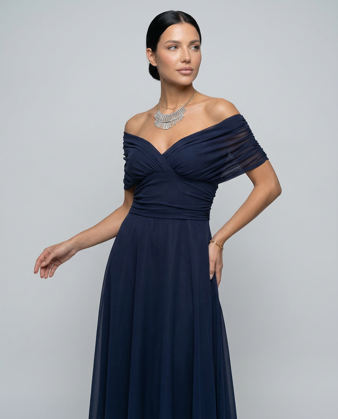 Viviane | Ruched V-Neck Chiffon Maxi Dress