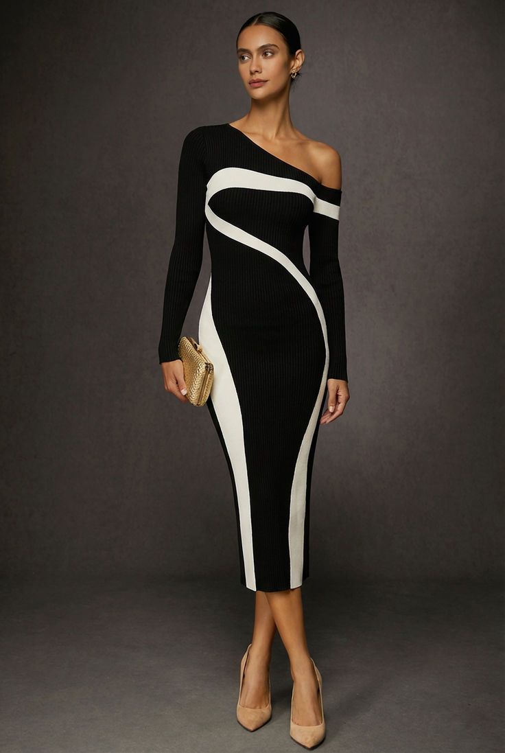 Sidonie | One Shoulder Contrast Knit Dress