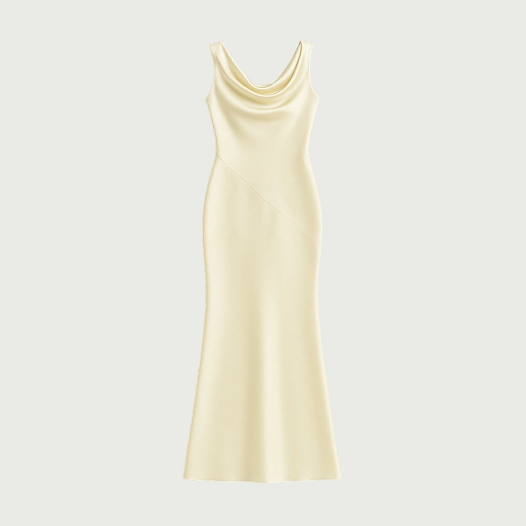 Lucienne | Cowl Neck Backless Satin Evening Gown
