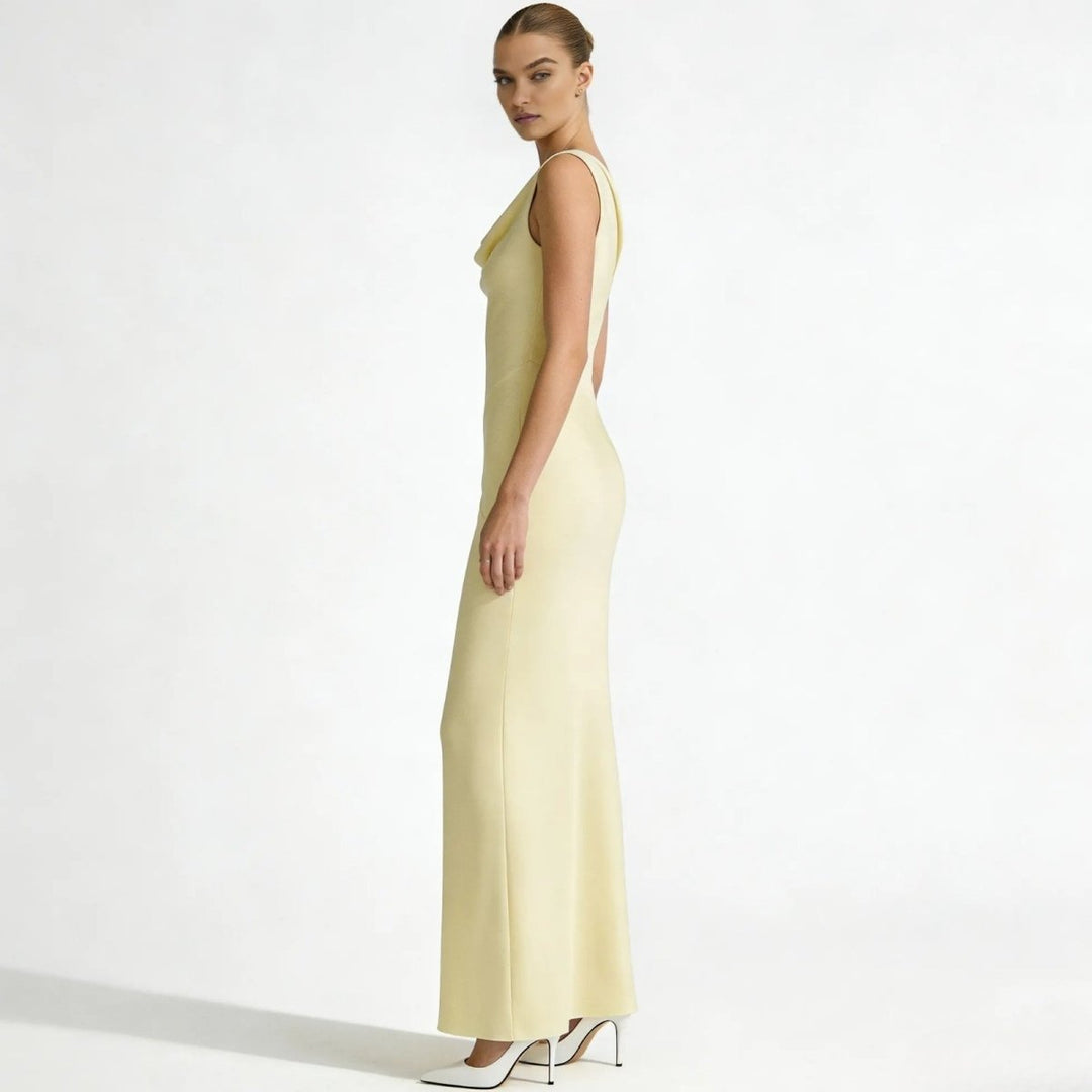 Lucienne | Cowl Neck Backless Satin Evening Gown