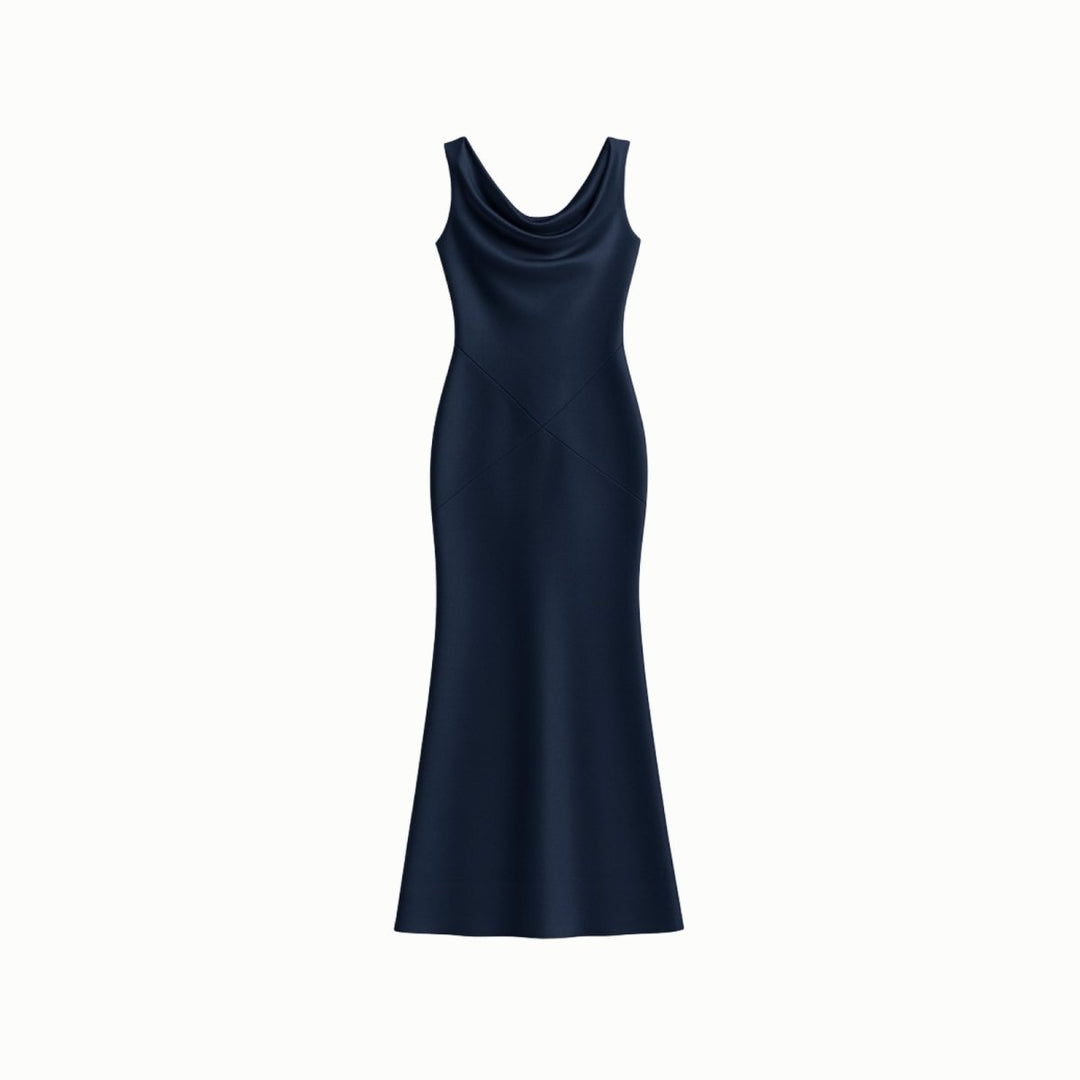 Lucienne | Cowl Neck Backless Satin Evening Gown