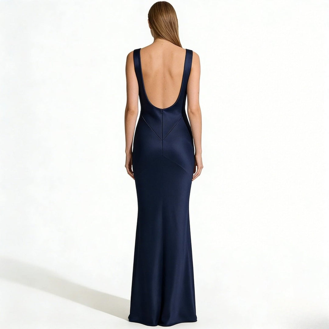 Lucienne | Cowl Neck Backless Satin Evening Gown